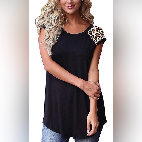 Womens Leopard Short Sleeve T Shirts Dressy Casual Blouses Round Neck Tunic XL - Picture 2 of 8
